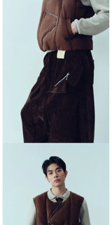 Retro Suede Bow Zipper Padded Vest