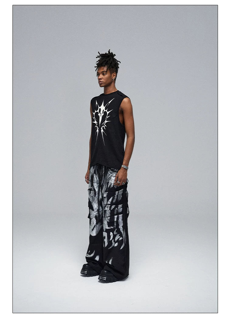 Stretchy Black Printed Ribbed Tank Top