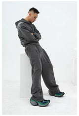 Gray Khaki Corduroy Embroidered Striped Zip-Hoodie