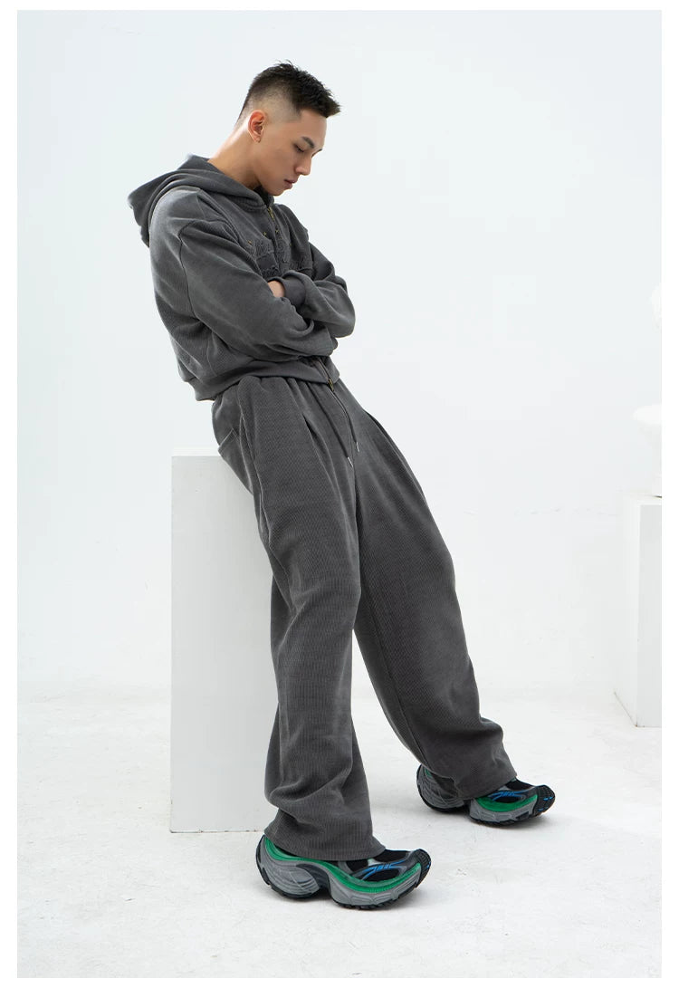 Gray Khaki Corduroy Embroidered Striped Zip-Hoodie