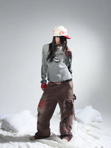 Brown Printed Washed-Distressed Wide Leg Pants