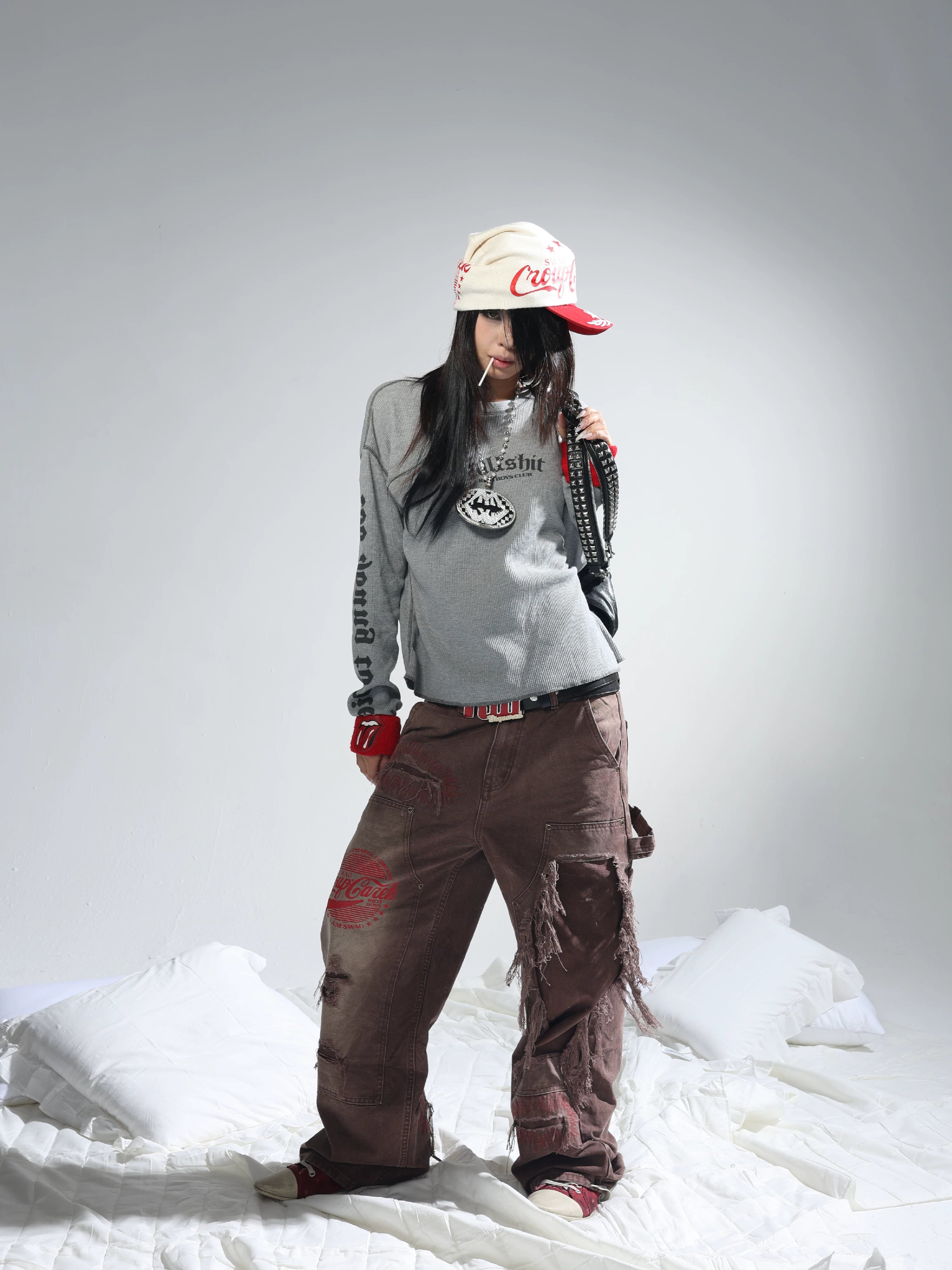 Brown Printed Washed-Distressed Wide Leg Pants