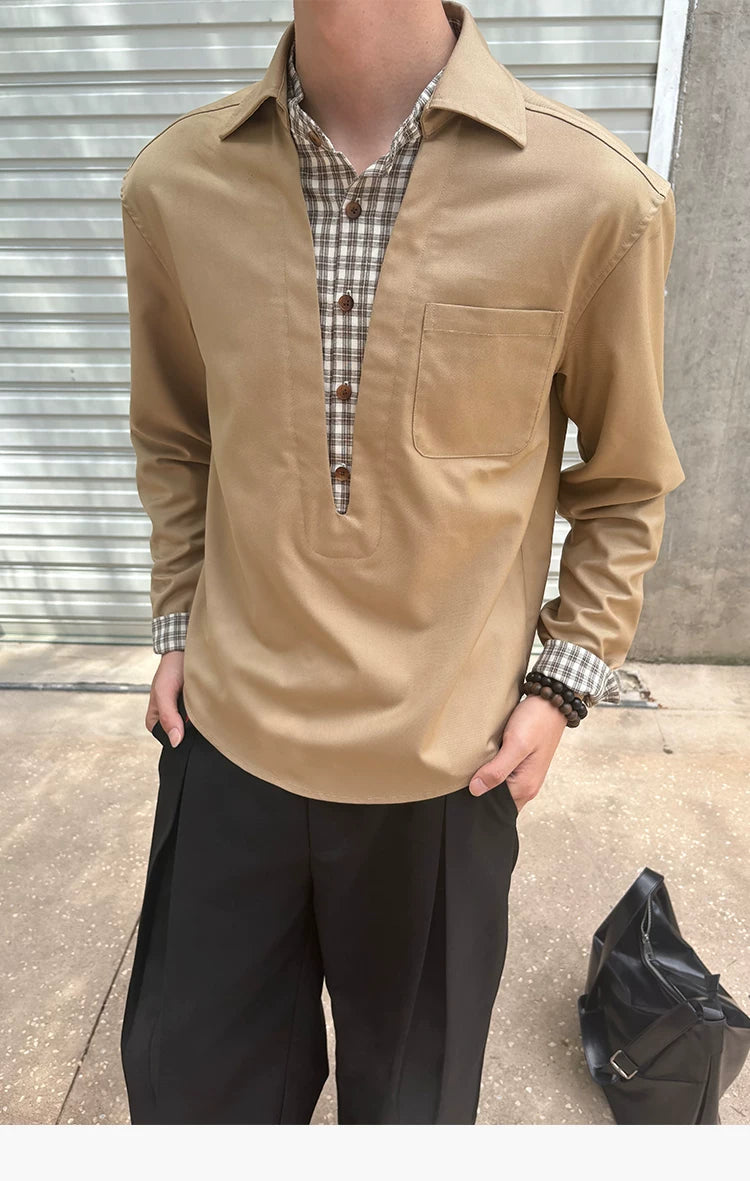 Long-Sleeve Layered V-Neck Color-Block Plaid Shirt