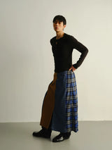 Reversible Pleated Frayed Plaid Denim Skort