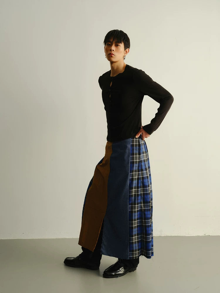 Reversible Pleated Frayed Plaid Denim Skort