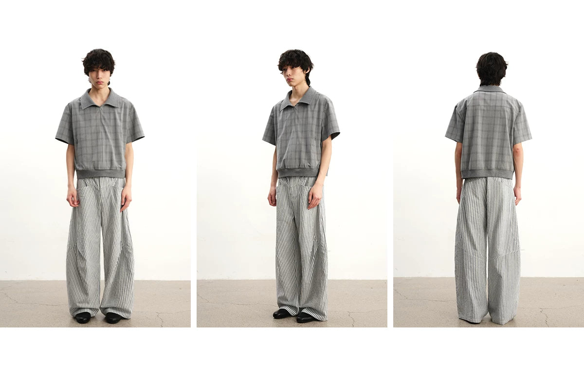 Striped Pleated Curved Hem Pants
