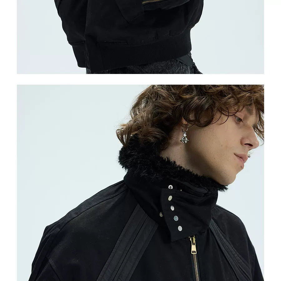 Orange Padded Detachable Fur Bomber Jacket
