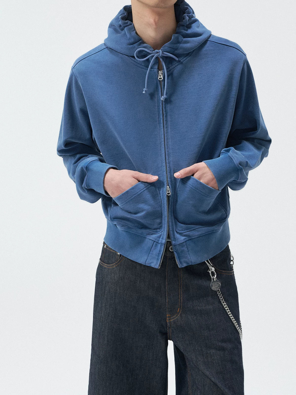 Short Drawstring Embroidered Distressed Hoodie