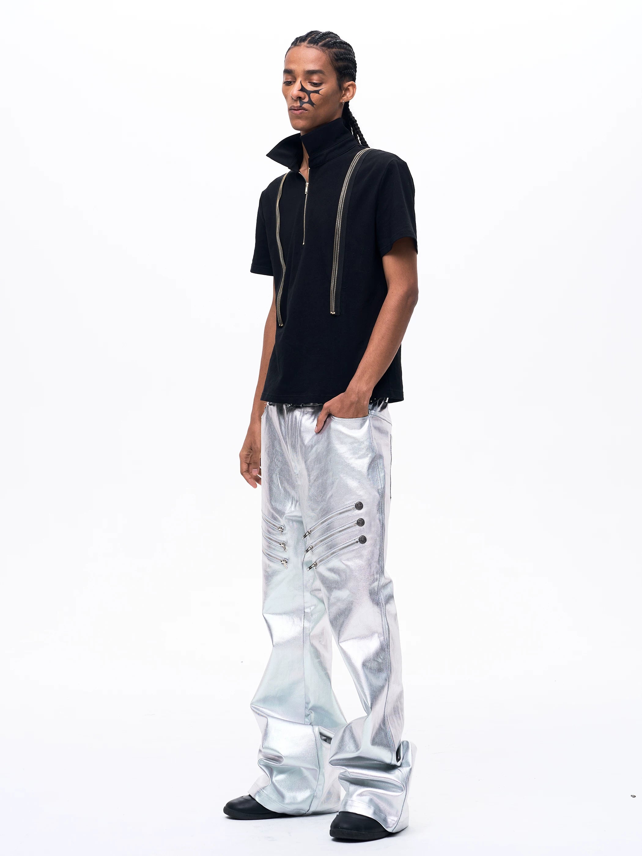 Men's Liquid Metal Silver Flared Jeans