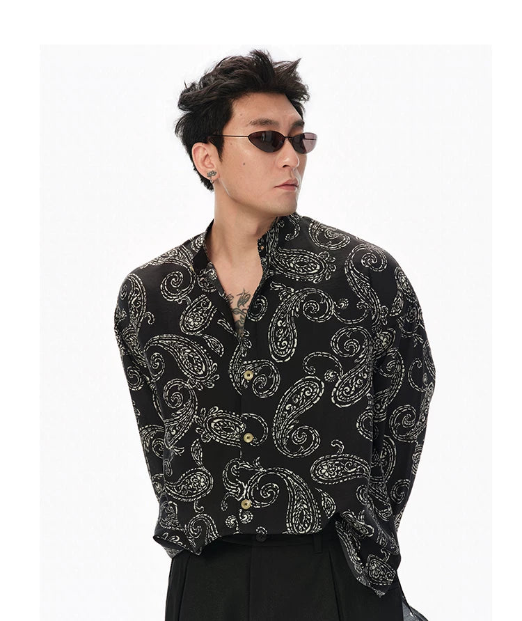 Long Sleeve Collared Paisley Silk Shirt