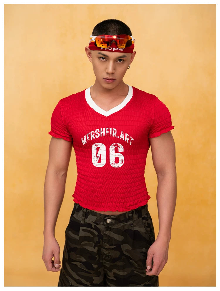 Red White Ruffled Cropped V-Neck Tee