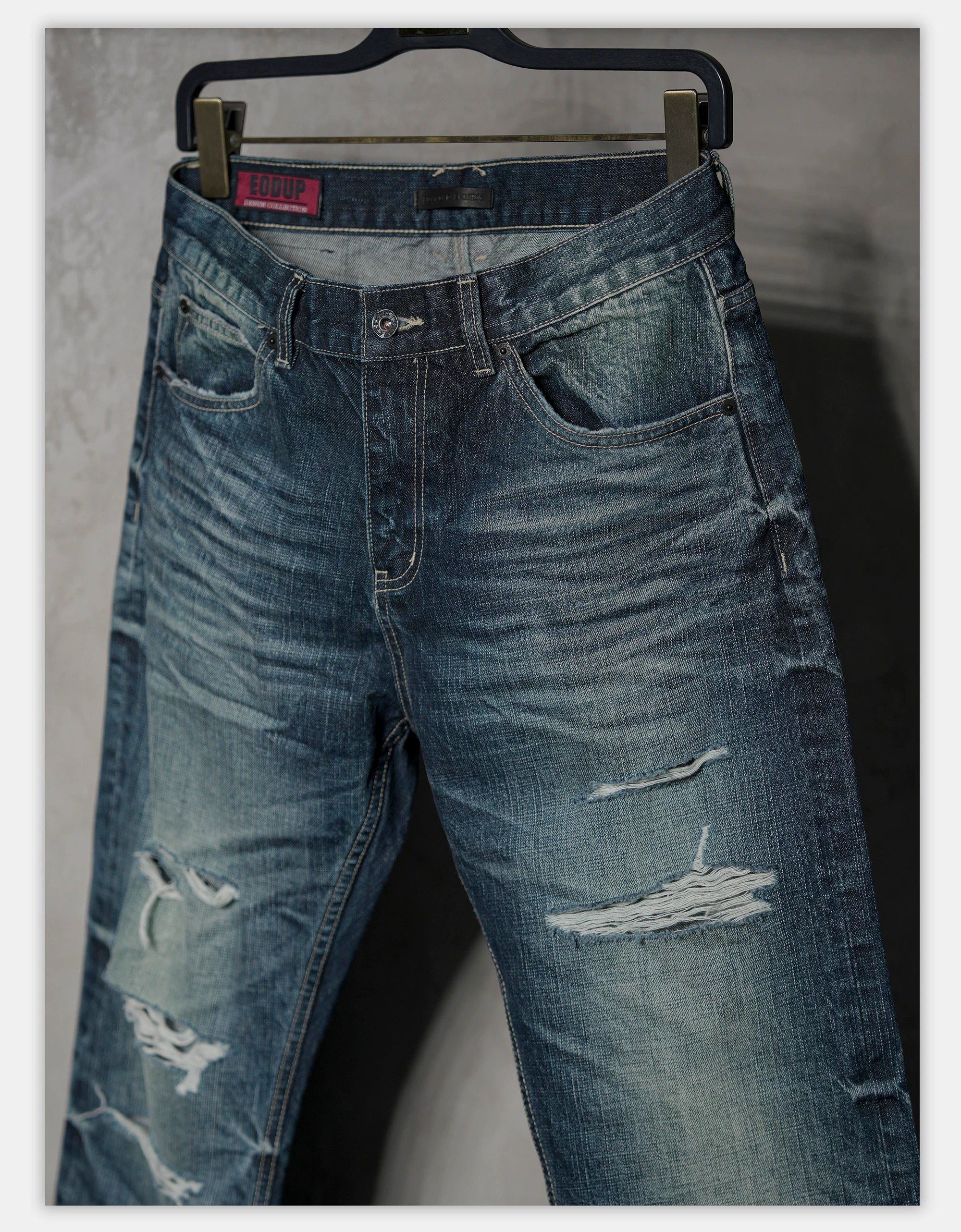 Distressed Red Selvedge Straight Jeans