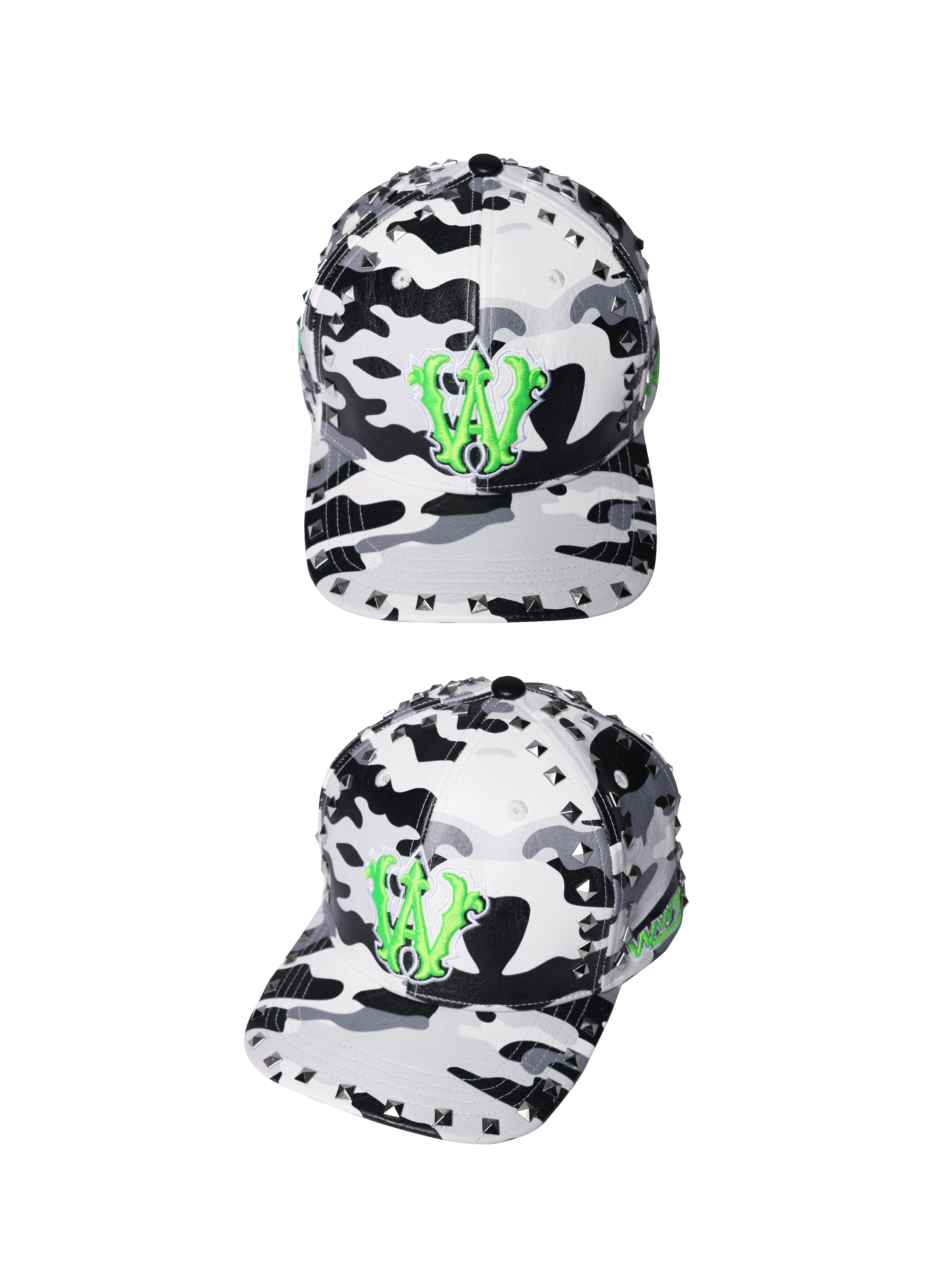 White Camo Riveted Embroidered Leather Baseball Cap