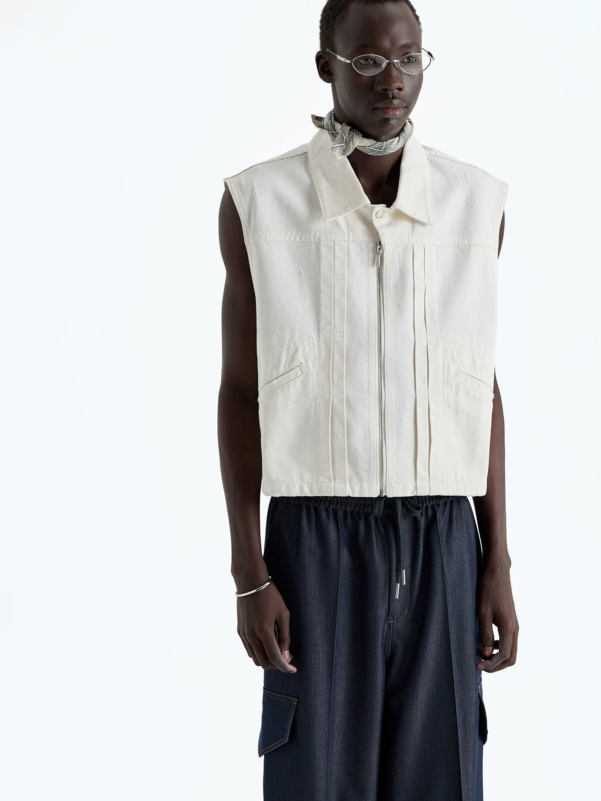 Heavy Distressed Denim Square-Collar Crop-Zip Vest