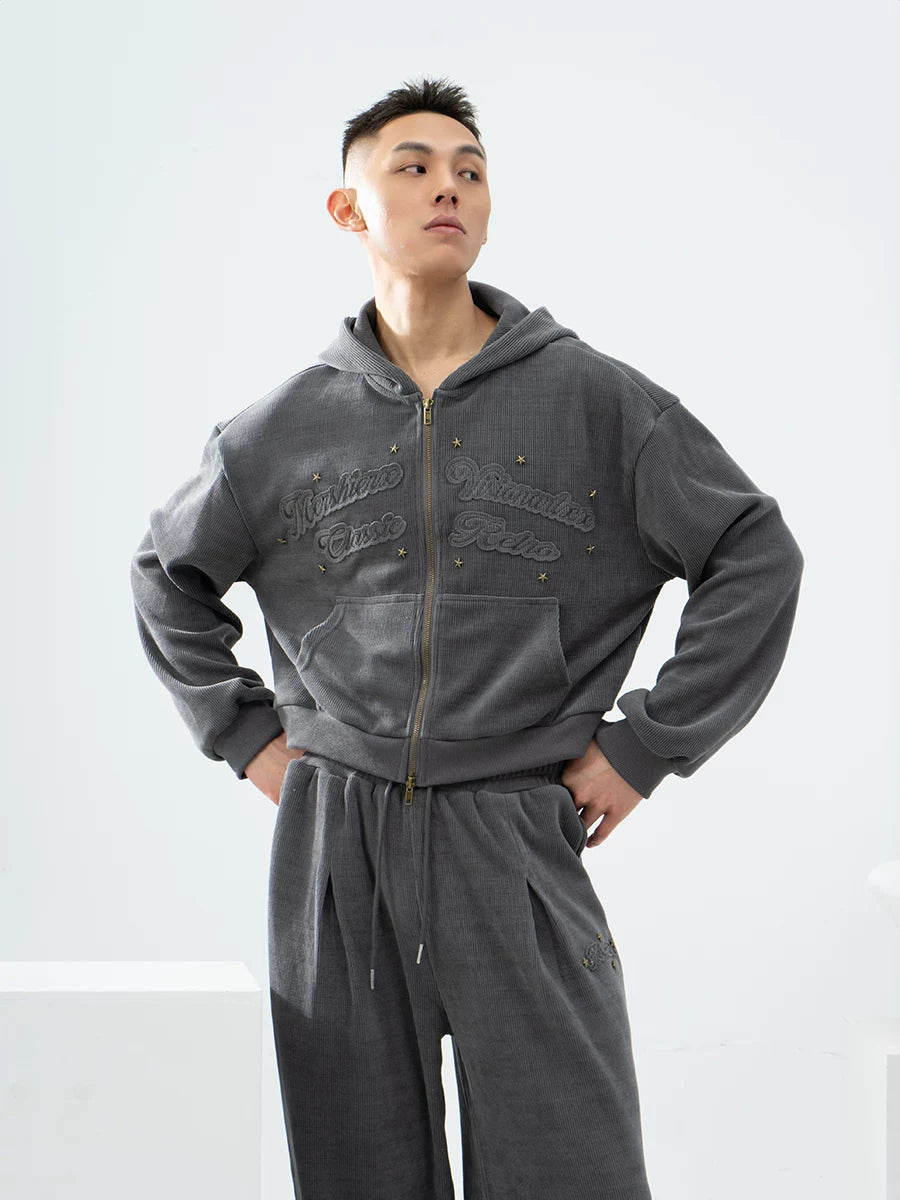 Gray Khaki Corduroy Embroidered Striped Zip-Hoodie