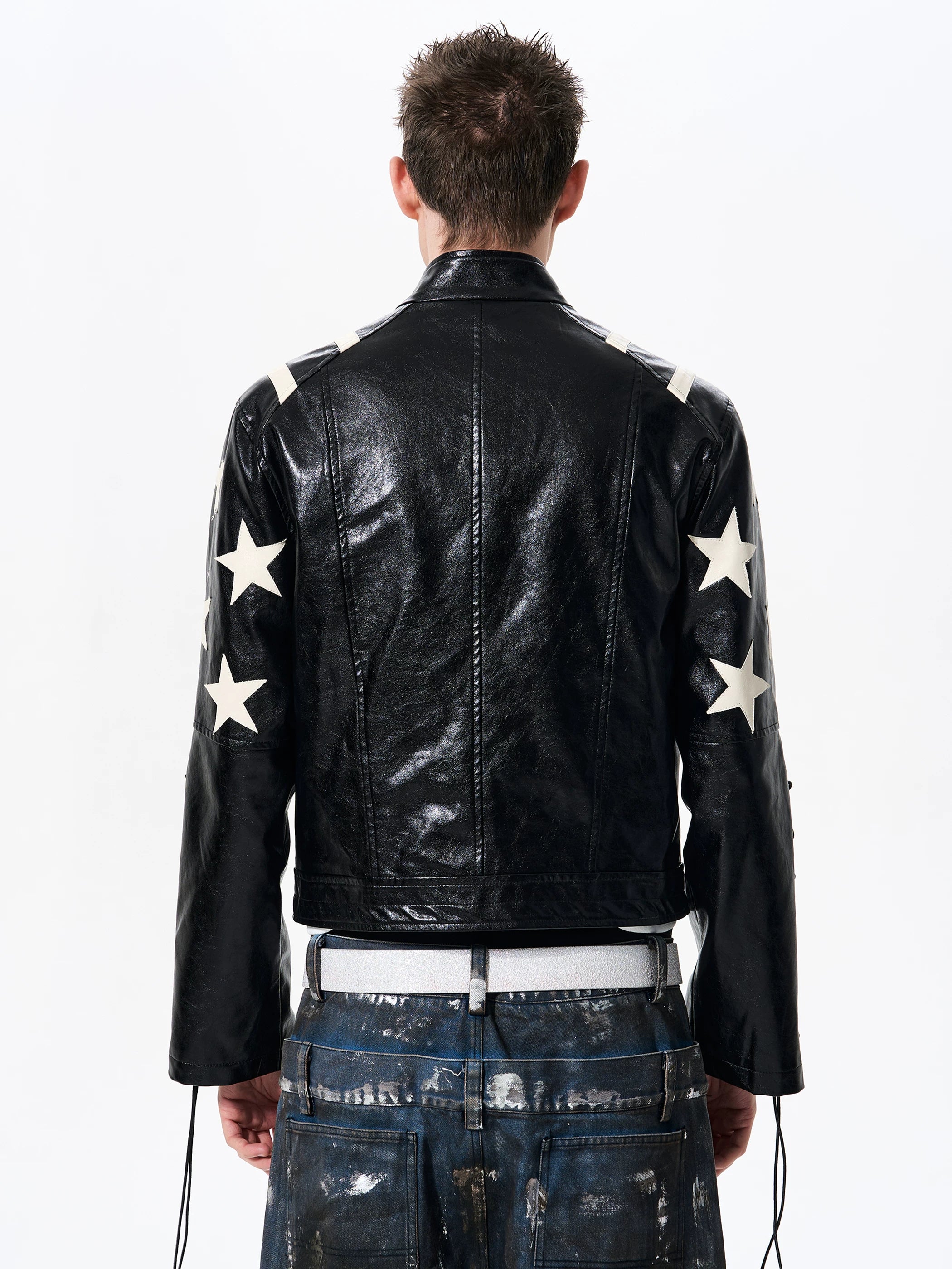 Men's Cropped Star Leather Biker Jacket