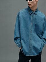 Washed Blue Oversized Embroidered Denim Shirt