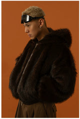 Black Red Hooded Faux Fur Coat