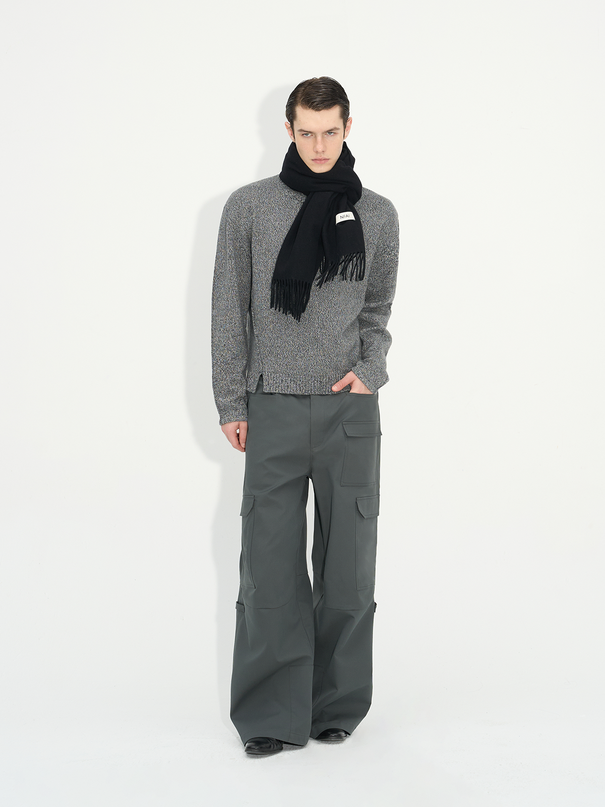 Soft Black Grey Fringed Wool Scarf