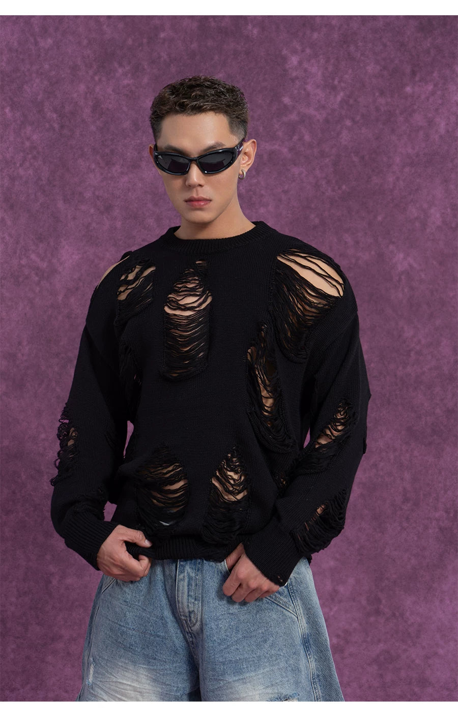 Black White Ripped Cutout Knit Sweater
