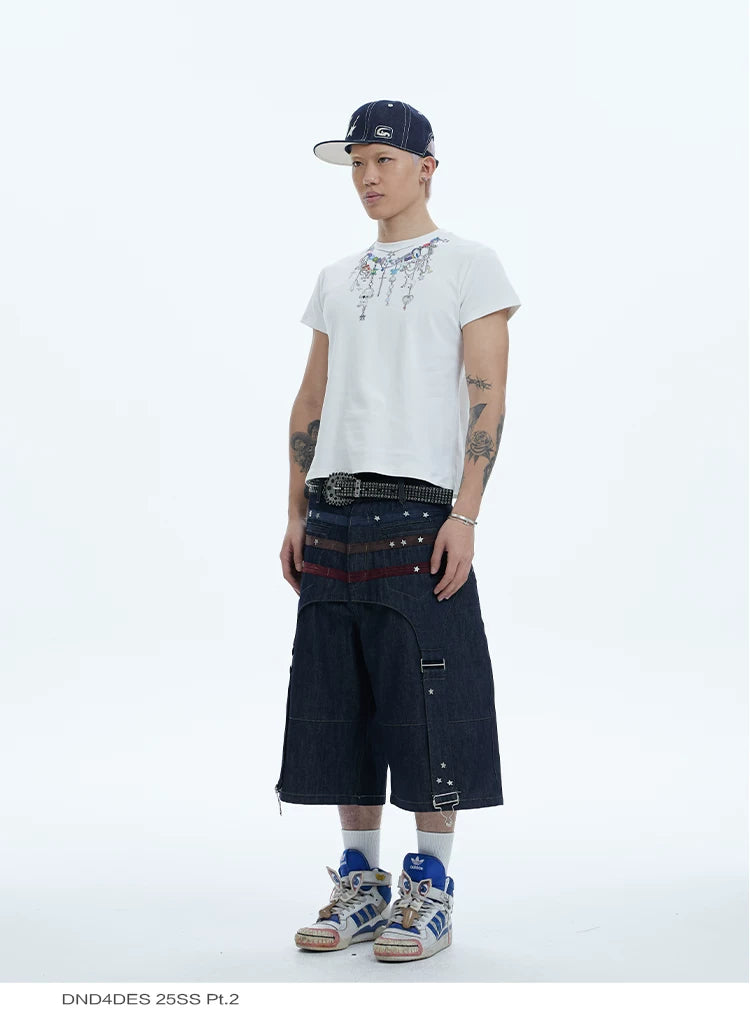 Star Suede Patchwork Cropped Denim Shorts