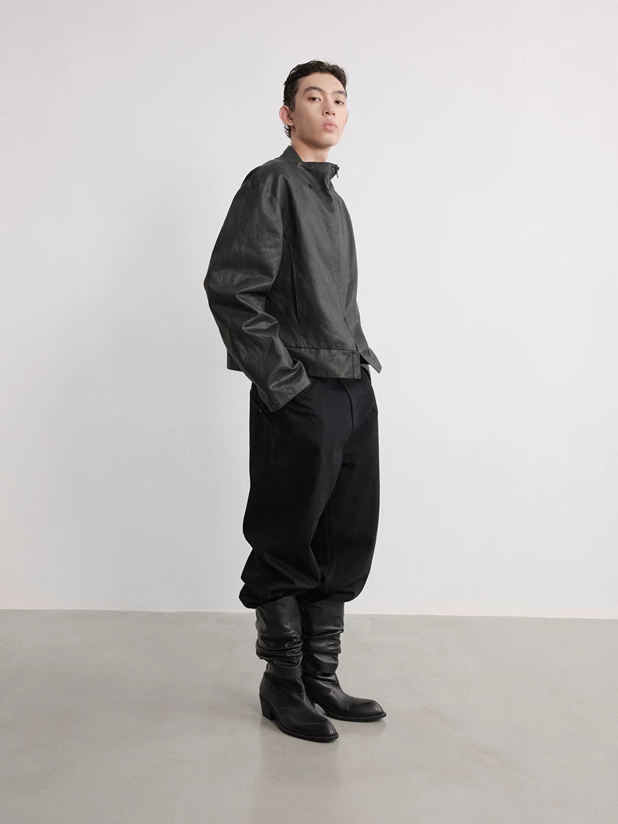 Leather Jacket With Irregular Snap Collar
