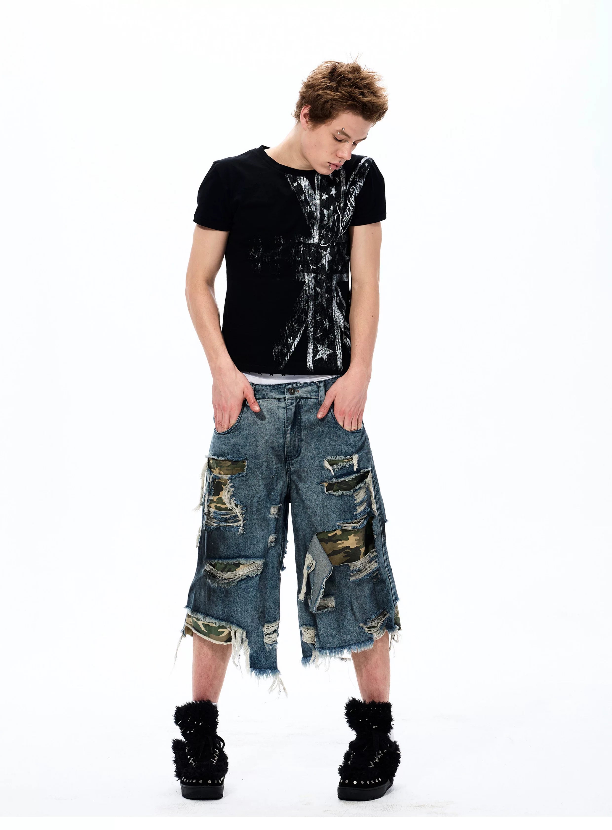 Street Style Splatter Ripped Cropped Pants