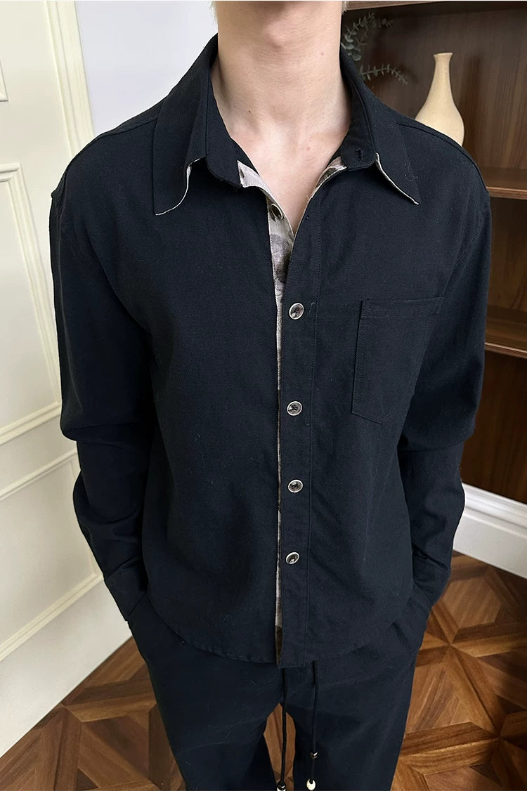 Long-sleeve Floral Color-block Tencel Linen Shirt
