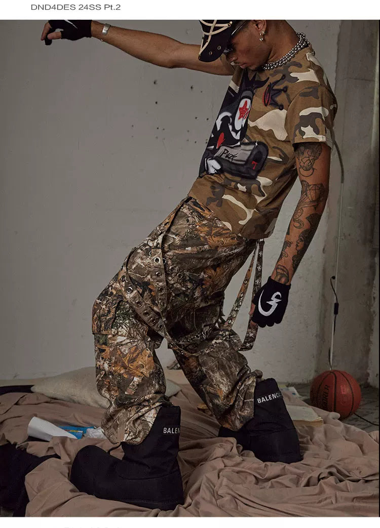 Detachable Bow Wide Leg Camo Pants