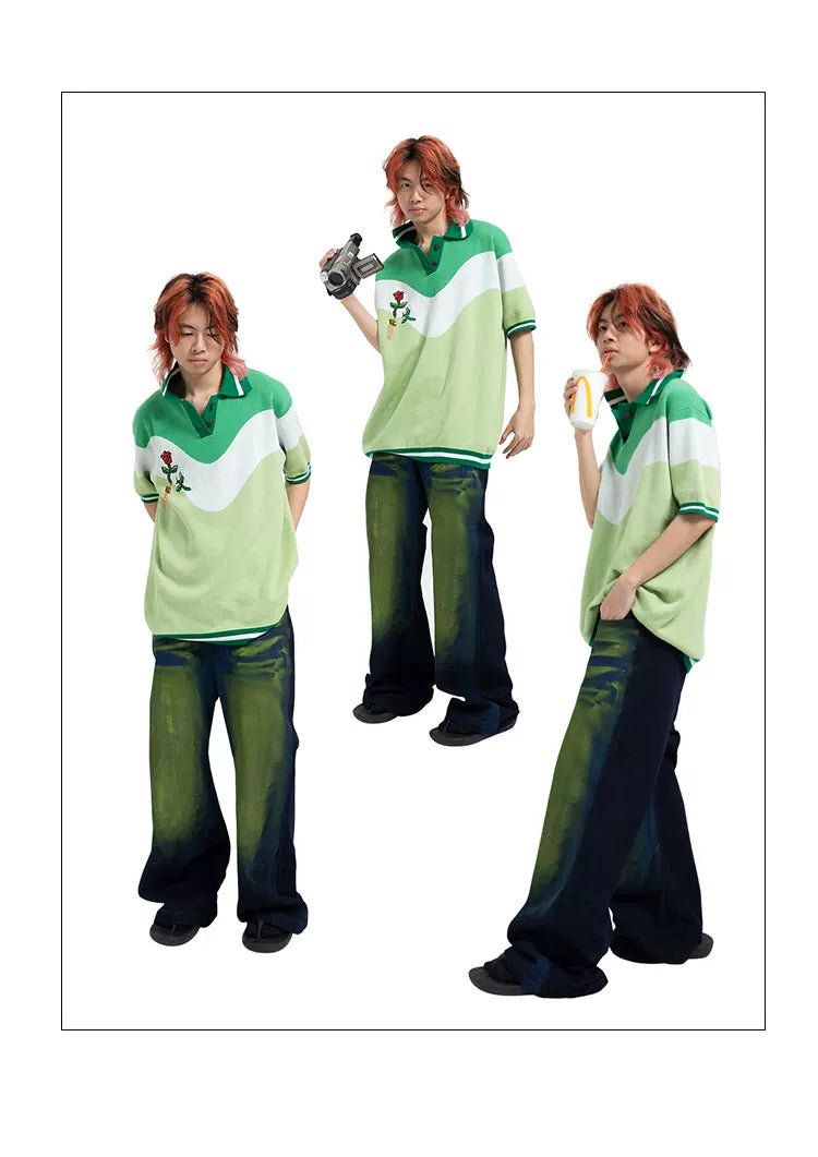 Y2K Women's Floral-Embroidered Knit Polo Shirt