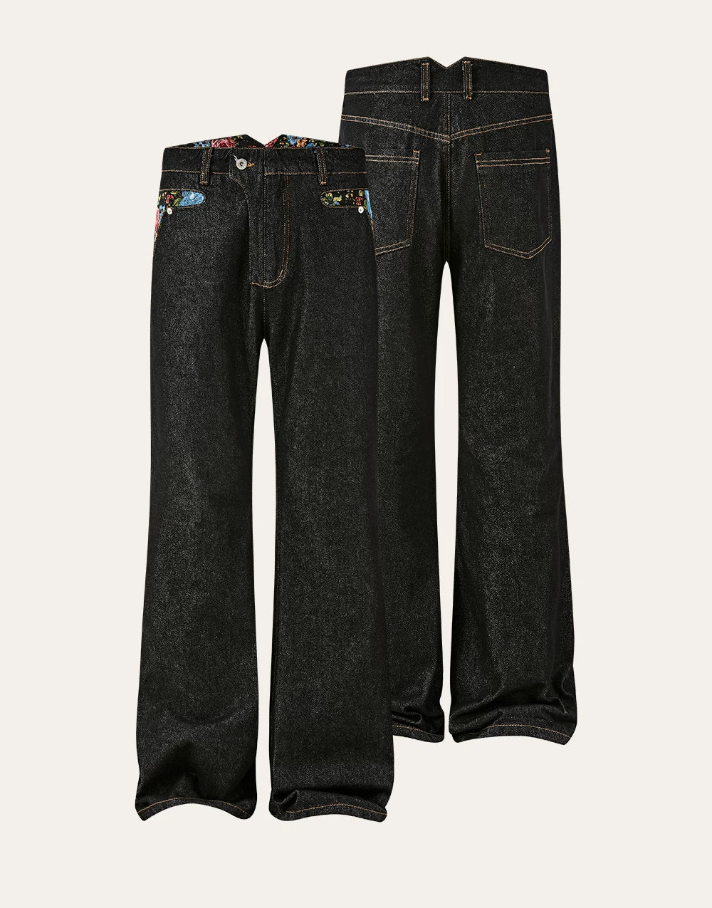 Washed Color-Blocked Floral Jacquard Flare Jeans