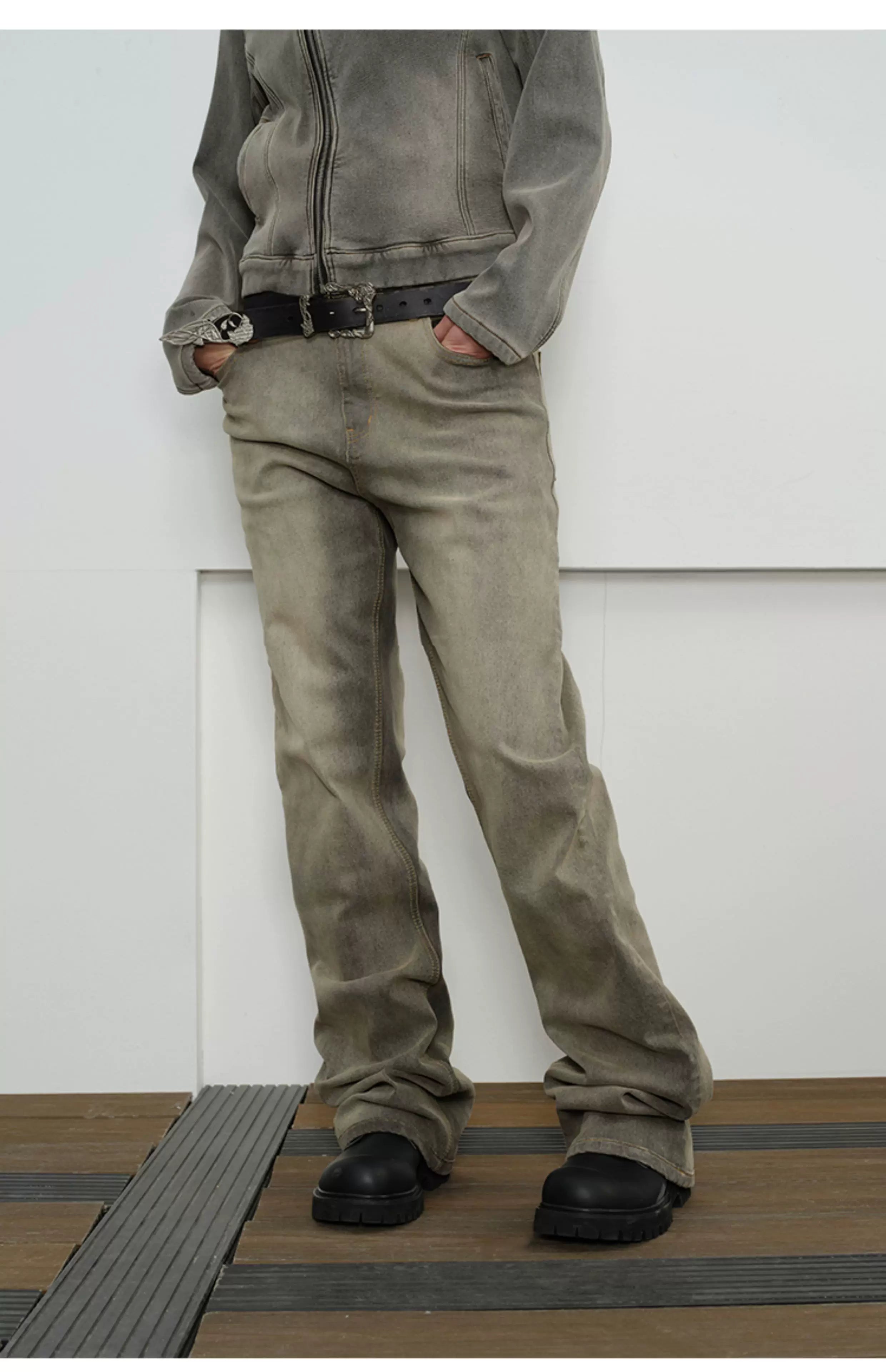 Mud-Dyed Distressed Bootcut Jeans