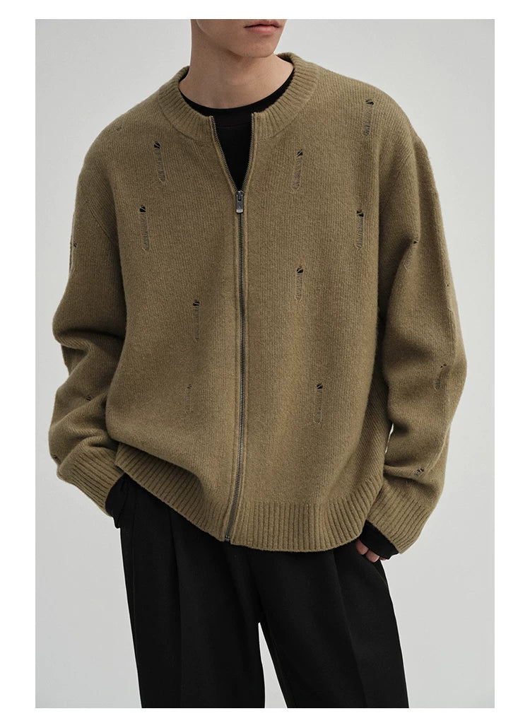 Yak Wool Blend Distressed Knit Cardigan