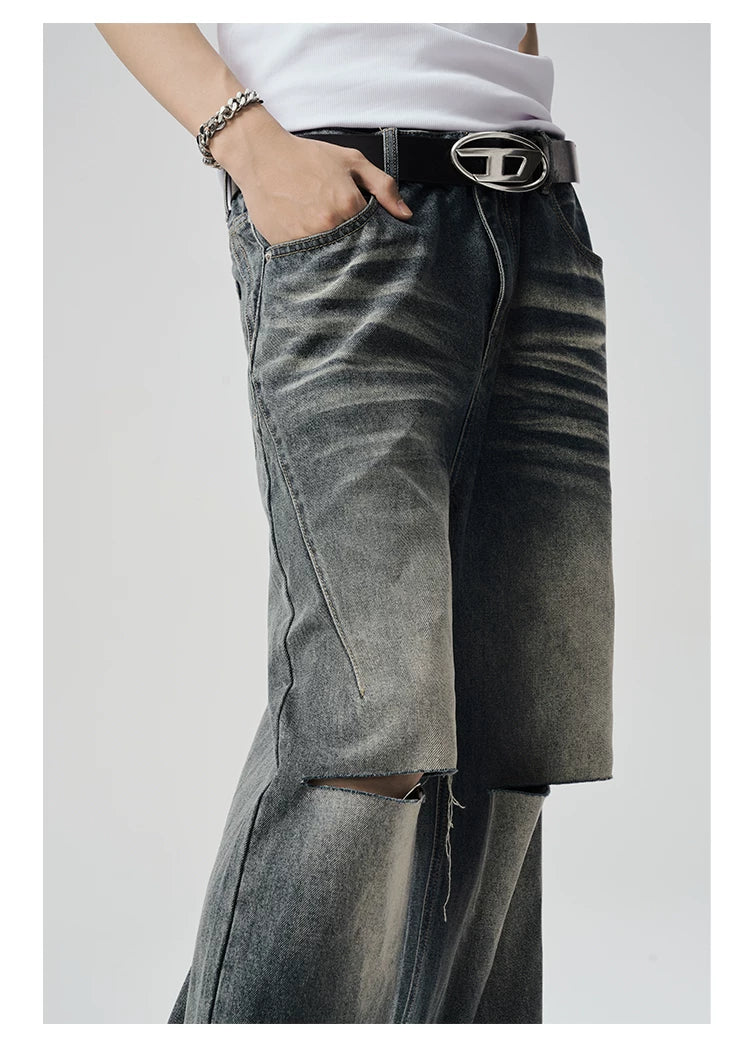 Two-Tone Distressed Wide Leg Flared Jeans