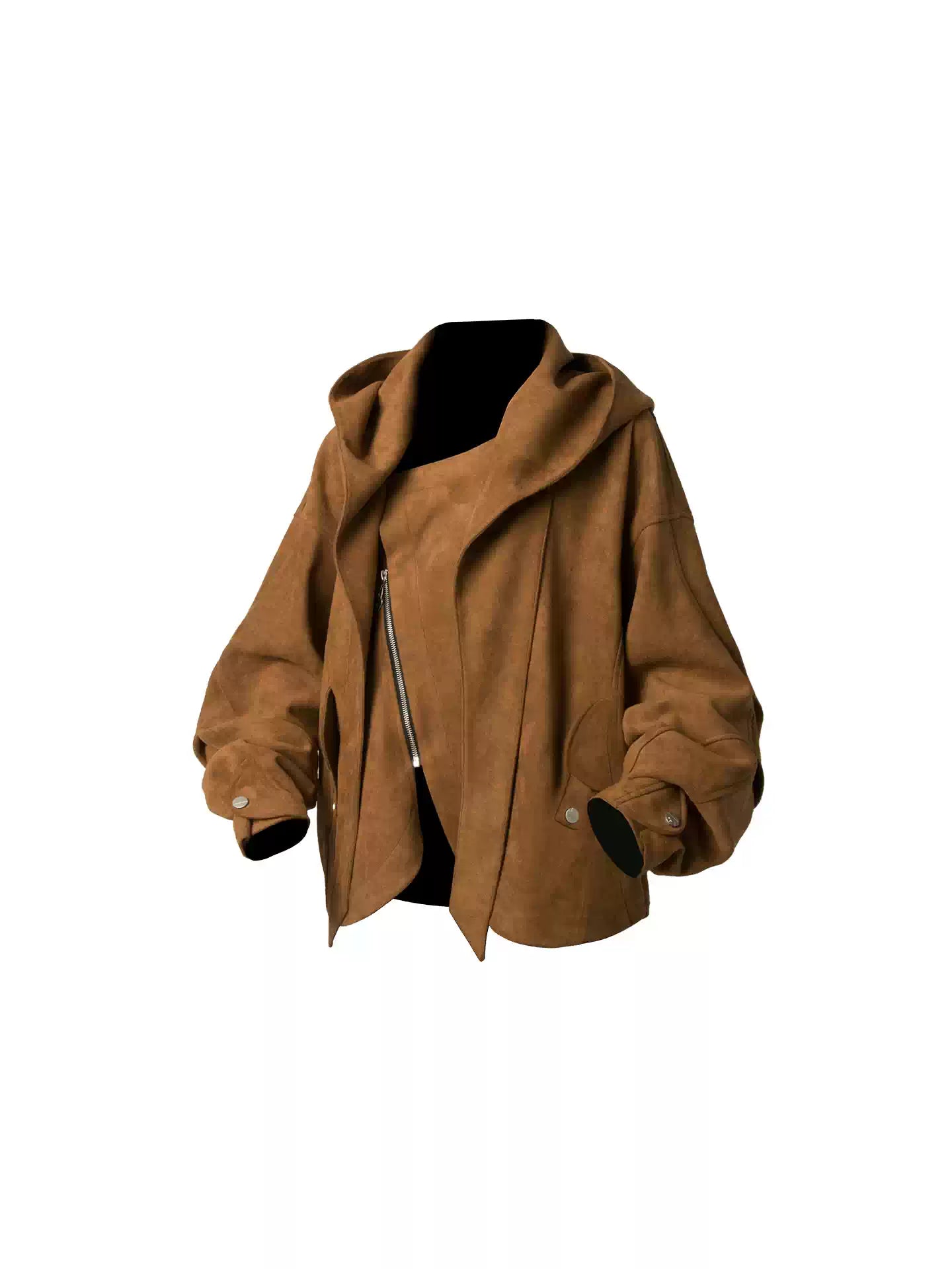 Cropped Loose Suede Detachable Hood Jacket
