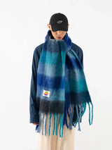 Fringed Rainbow Plaid Faux Cashmere Scarf