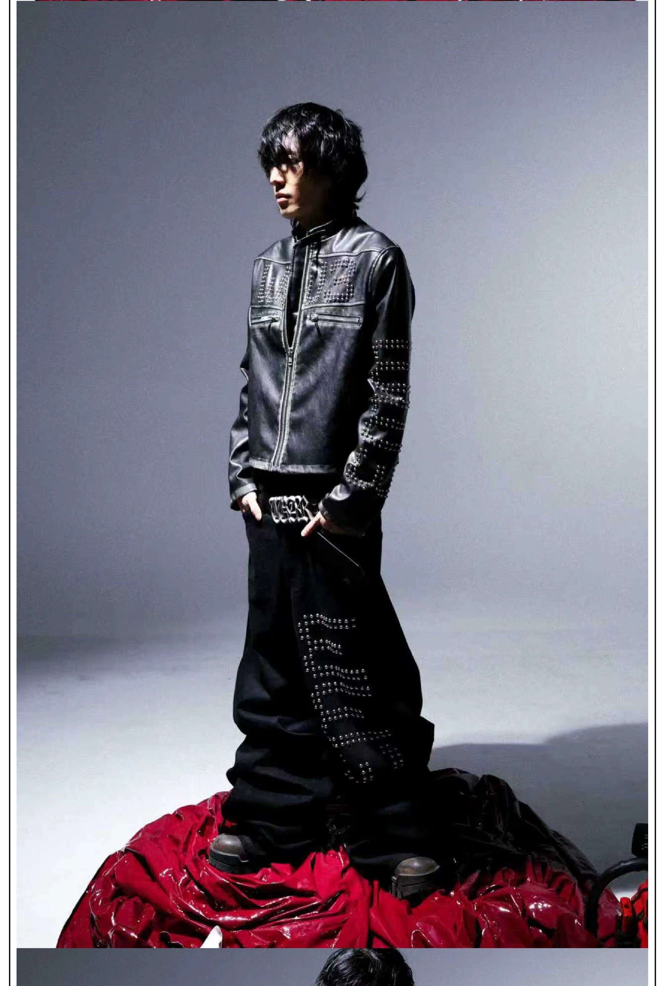 Black Distressed Riveted Fleece Shearling Jacket