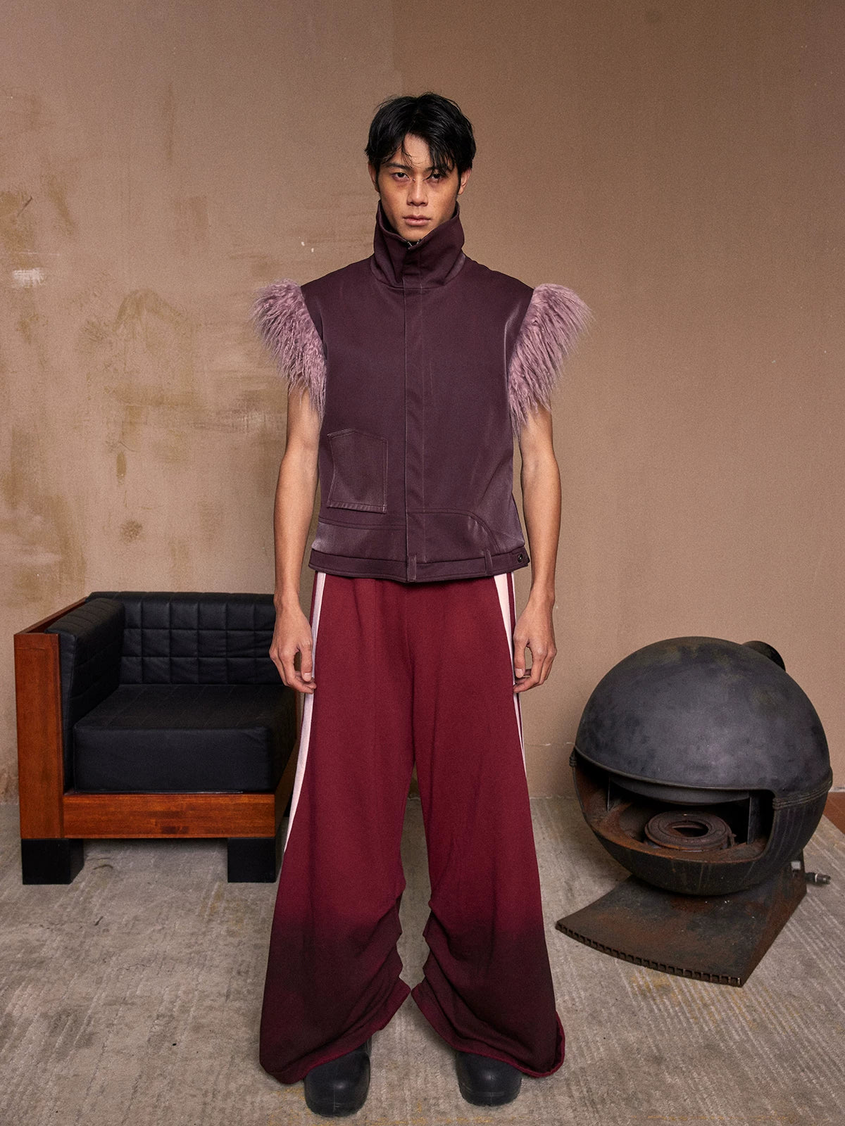 Y2K Fur-Sleeved High-Neck Zipper Vest