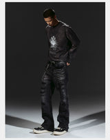 Flared Washed Distressed Patchwork Jeans