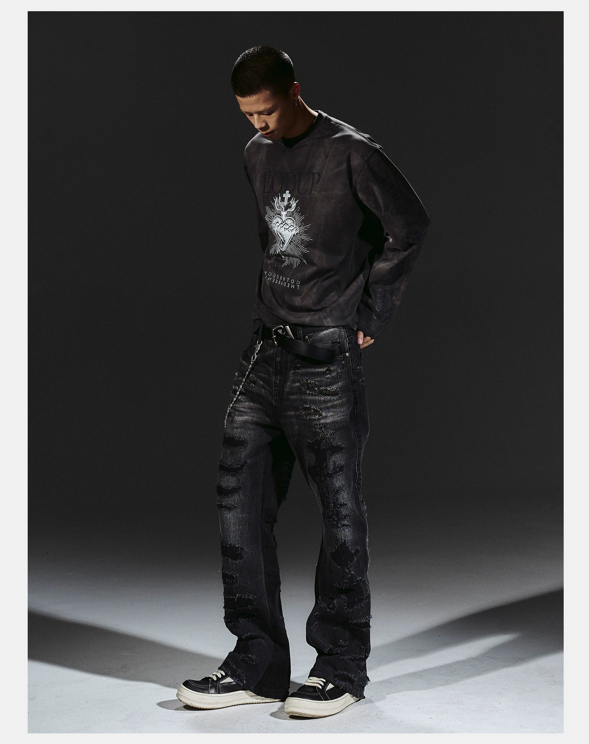 Flared Washed Distressed Patchwork Jeans