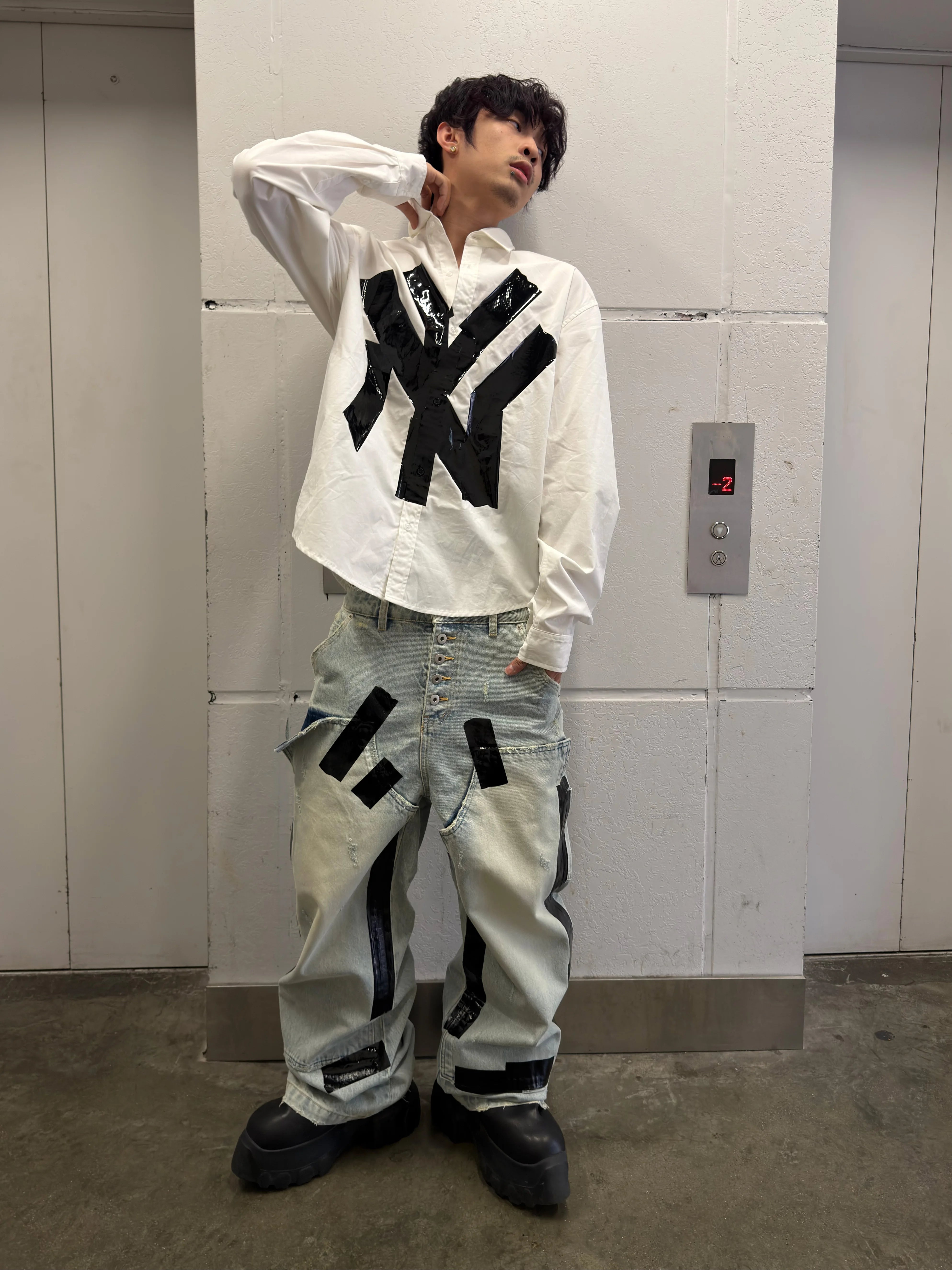 Oversized White Long-Sleeve NY Tape Shirt