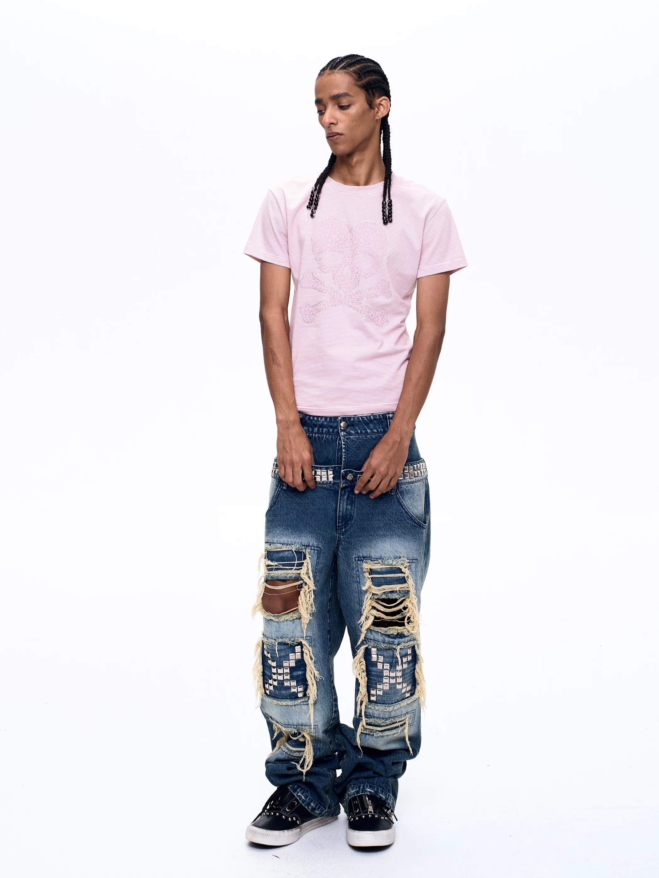 Men's Pink Striped Skull Print Tee