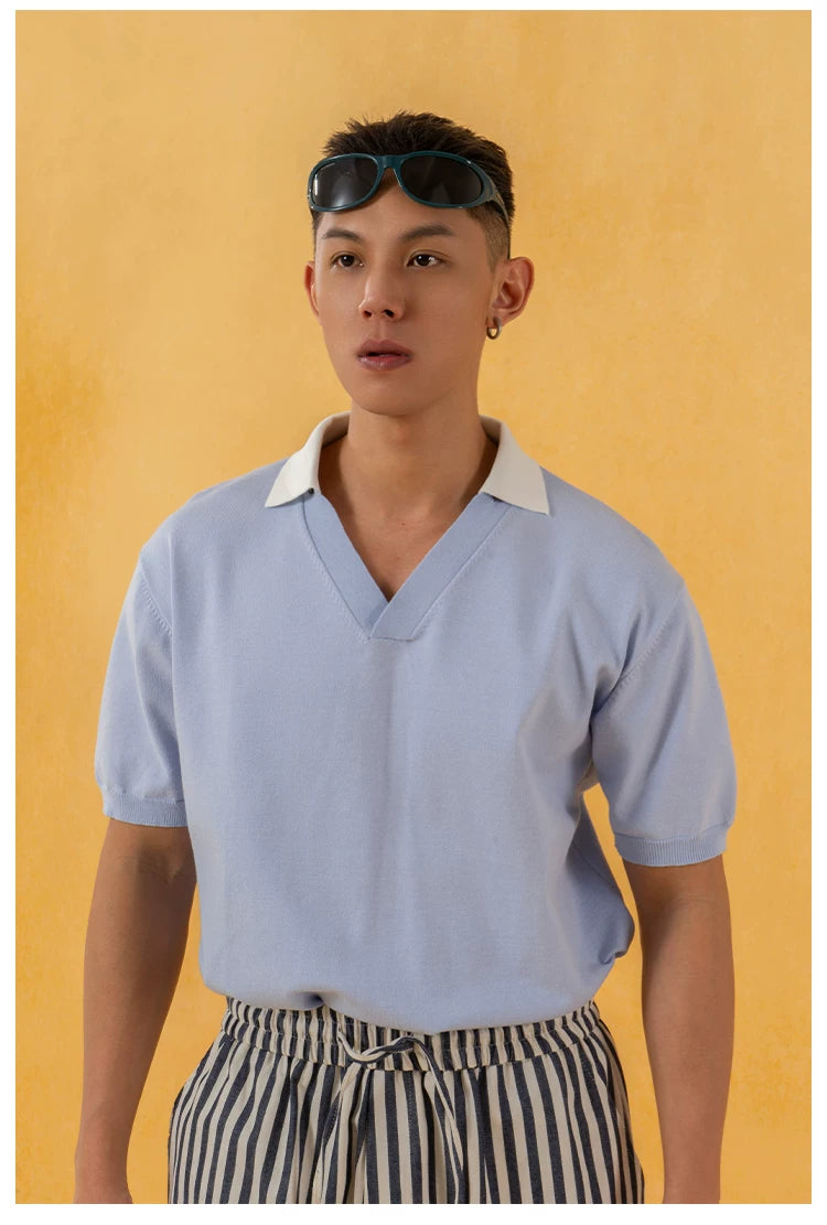 Men's V-Neck Short-Sleeve Detachable-Collar Polo Shirts