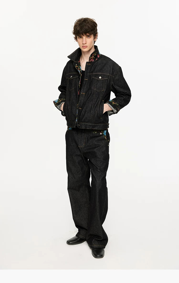 Washed Color-Blocked Floral Jacquard Flare Jeans