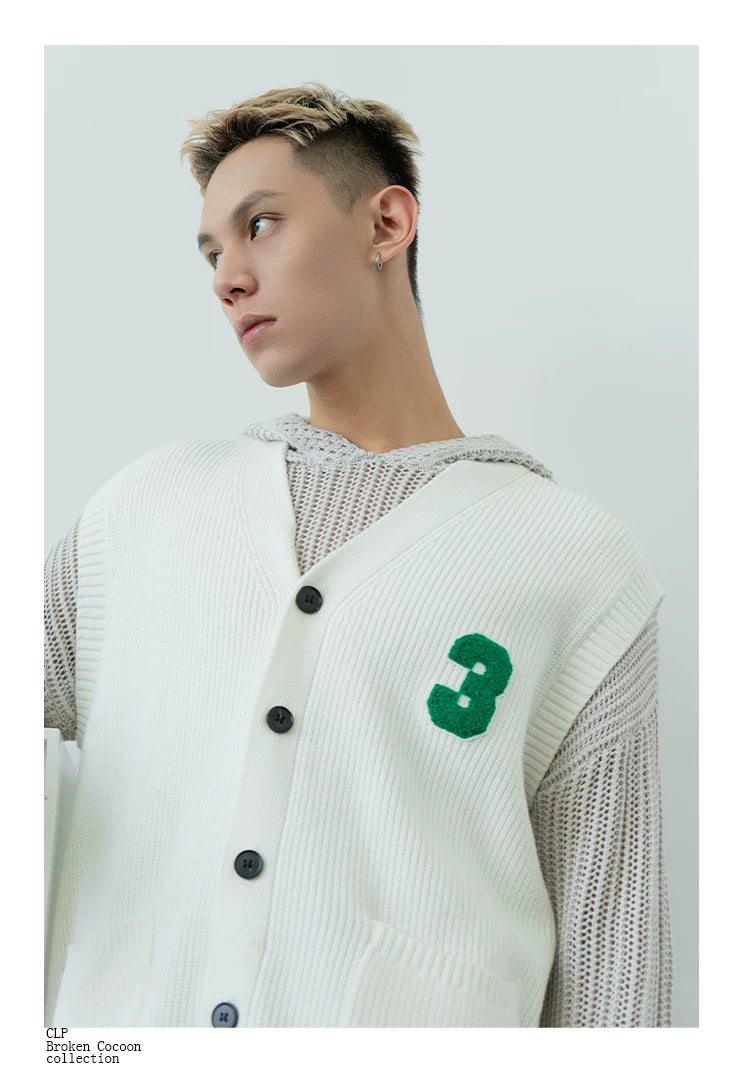 Men's Black-White Number Embroidered Knit Vest