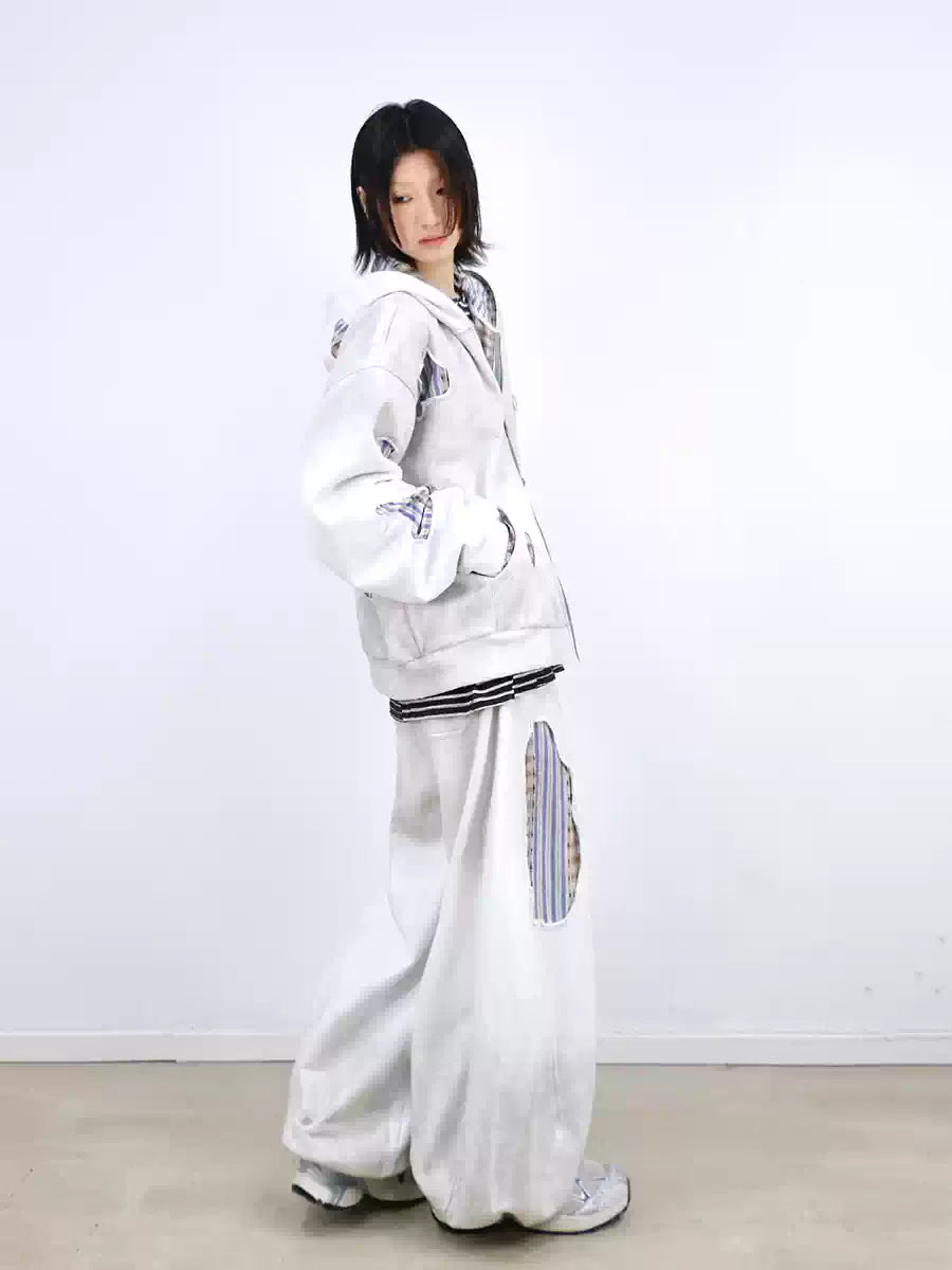 Detachable Distressed Ripped Striped Patchwork Sweatpants