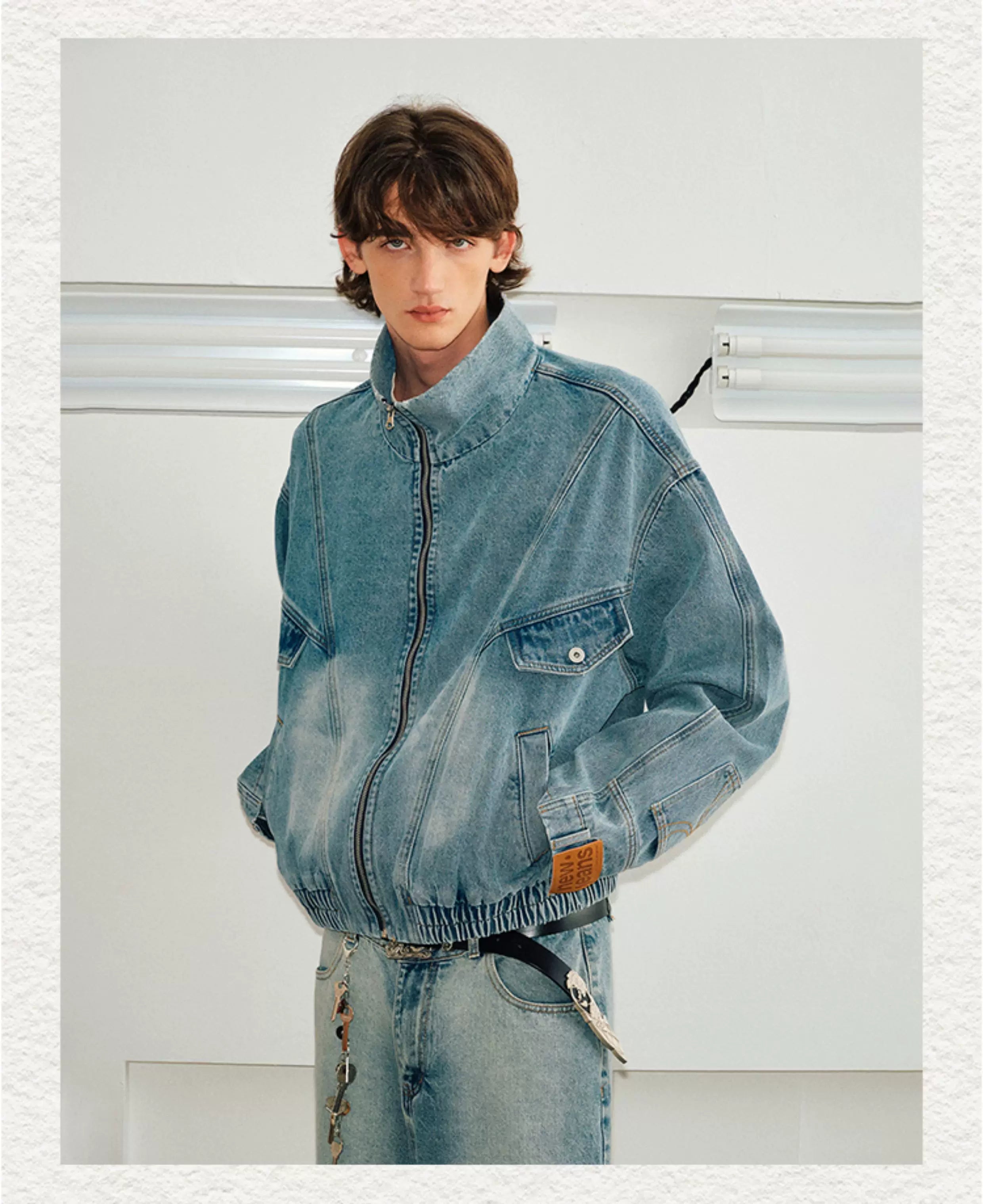 Men's Washed Denim Stand Collar Jacket