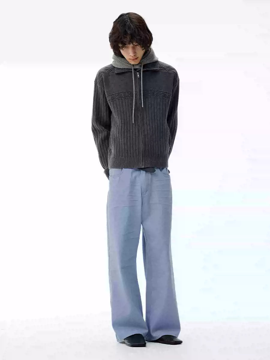 Faded Washed Pleated Straight Jeans