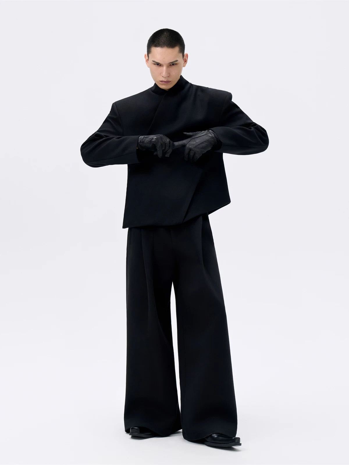 Cropped Deconstructed Waist-cinched Stand Collar Jacket