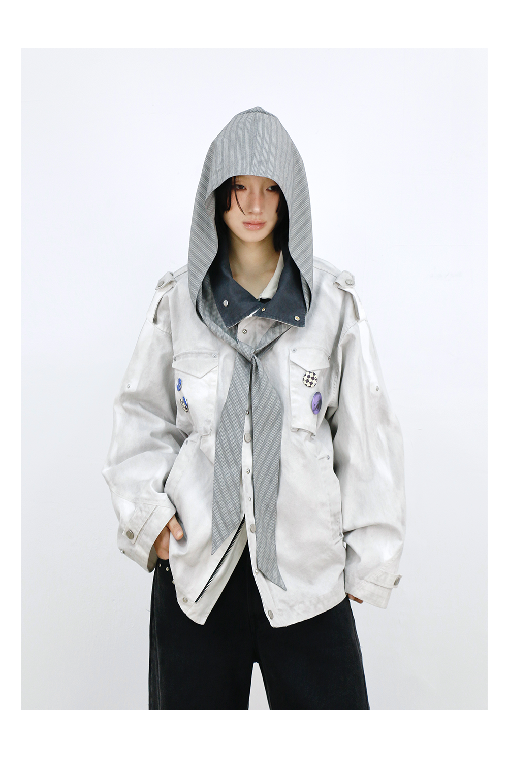 Plaid Hooded Smoke-Dyed Violet M65 Jacket
